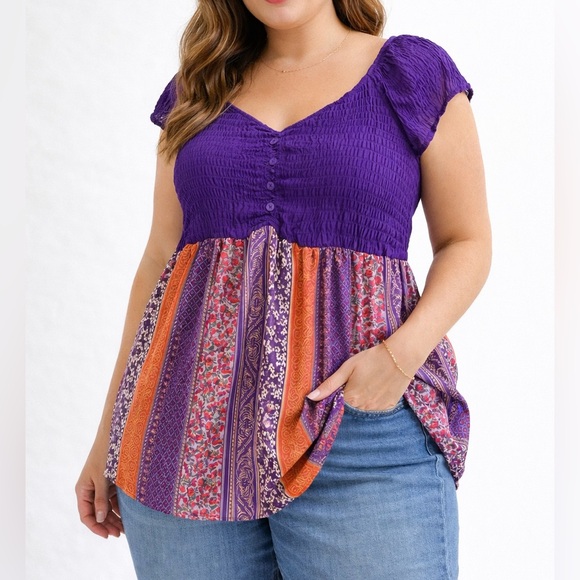 Lane Bryant Tops - Lane Bryant Smocked Babydoll Top Purple Boho Patchwork | Size 14/16 | NWT